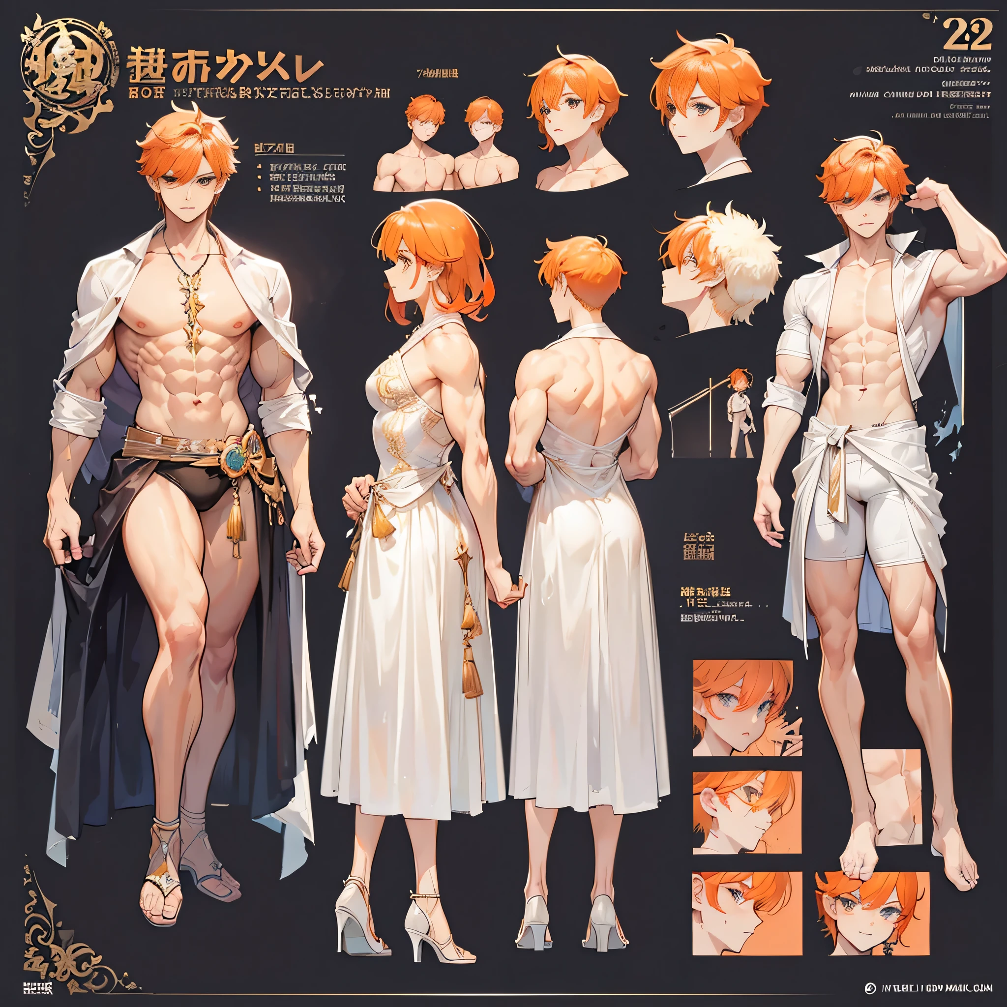 (Masterpiece, best quality), detailed, 1 man, ((character concept art)), ((character design sheet, same character, front, side, back)), full body, body complete, 1 Male angel, 1 Man angel, Detailed face, character design sheet,full bodyesbian, Highly detailed, character sheet, character design, Many parts, dark skin, angel wings, short orange hair, angel outfit, muscle male god, male clothes, masculine, muscle man, male muscle, manly, male angel, Muscle male short orange hair,beautiful man, beautiful muscle man, abs, pectoral muscle