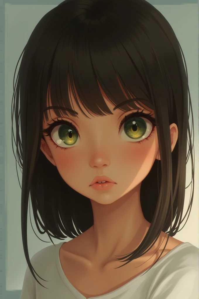 A age girl with straight dark brown hair who wears short hair with bangs, Olive skin with large, greenish honey-colored eyes