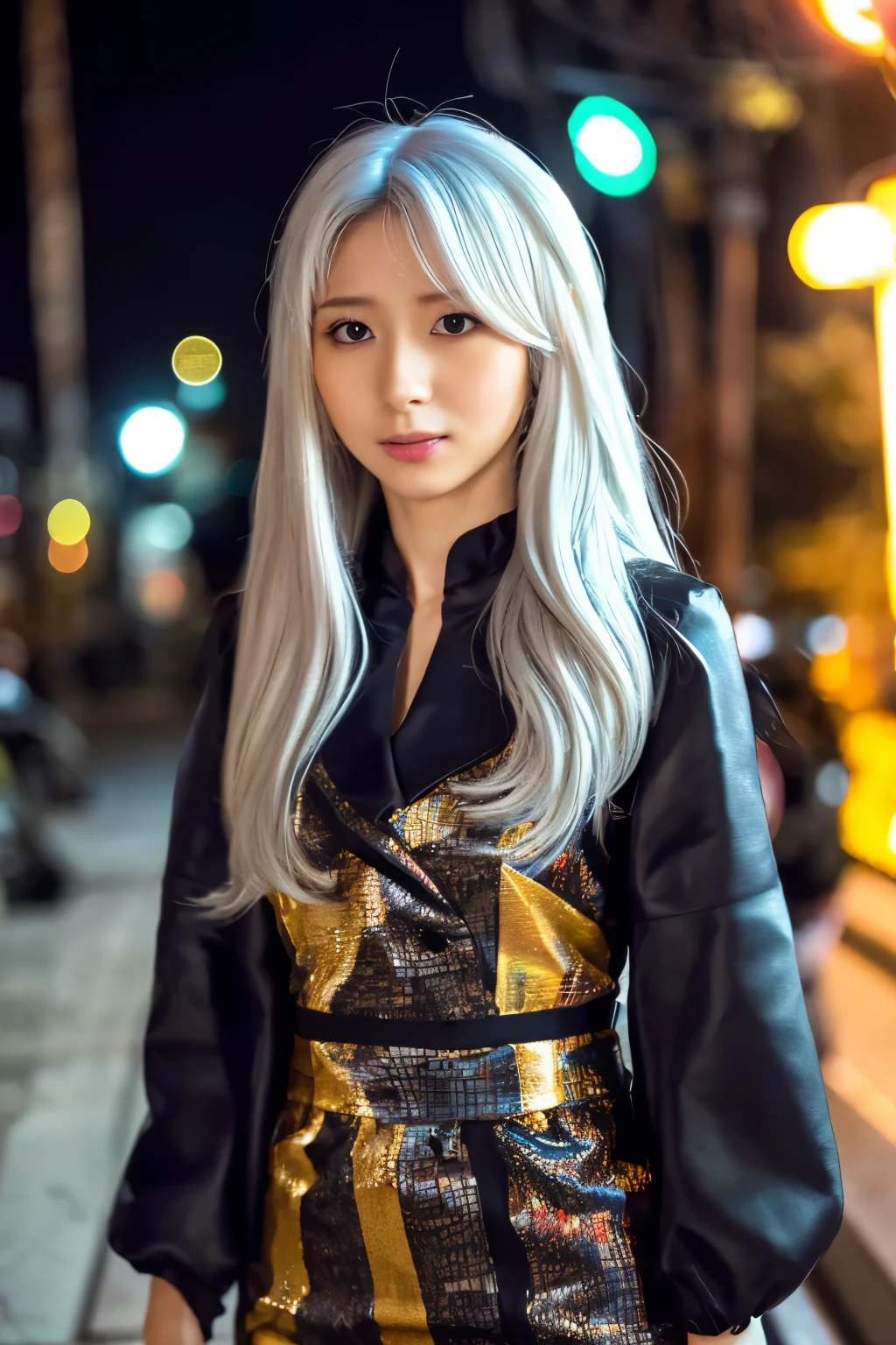 Masterpiece, high quality, high resolution, 8K, (solo:1.2), ((1girl)), Japanese woman, detailed face, detailed eyes, correct body structure, upper body, ((White hair:1.2)), very long hair, messy hair, slender body, seductive silhouette, luminous bones, depth of field, dark photo at nighttime, dimly lit, bangs, Cinematic Lighting, Tyndall effect, abstract background, futuristic outfits, vibrant colors, modern style, wide sleeves, artistic, unique patterns, colorful, stylish, trendy