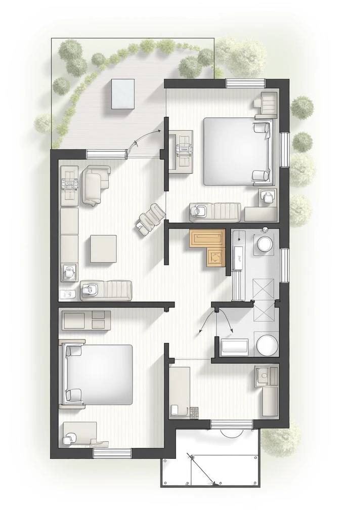 Help me create an image of a floor plan architectural project, containing only 3 environments, a double suite, a single suite and a balcony