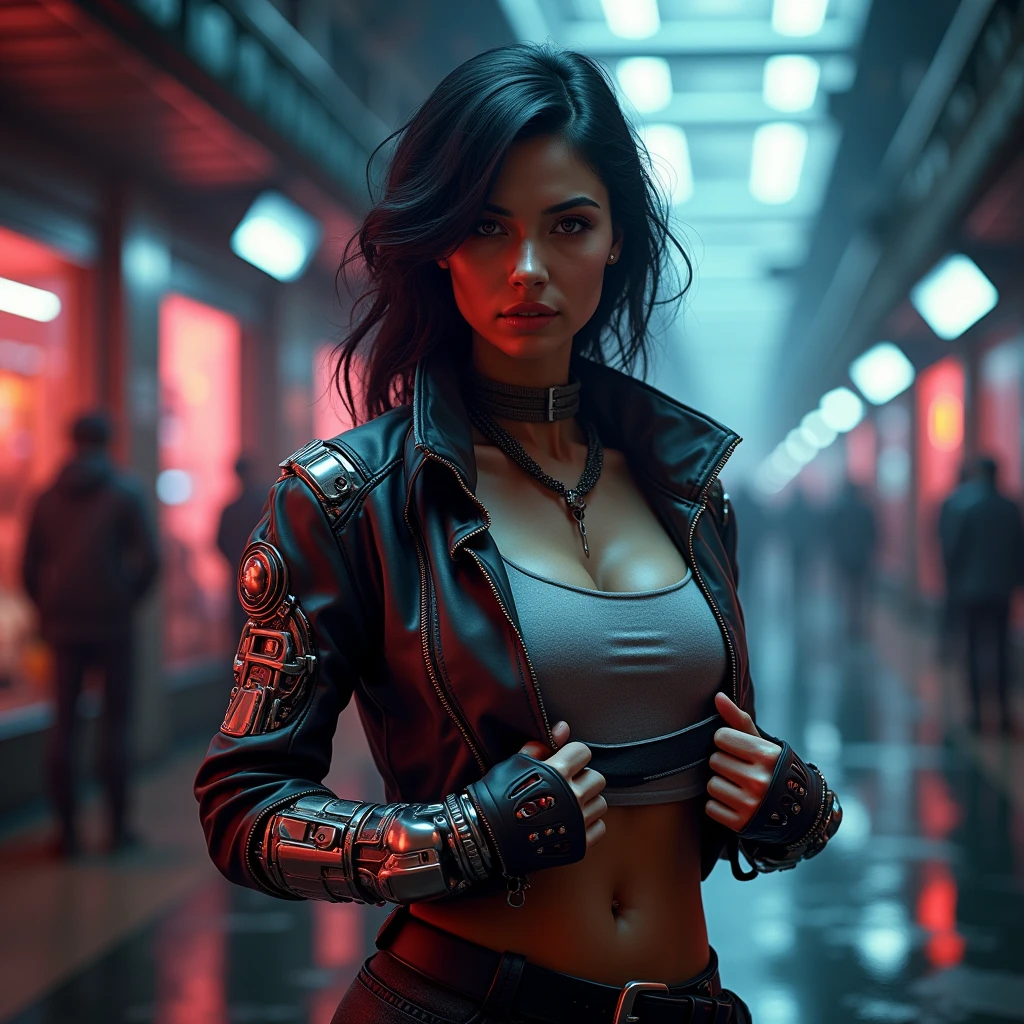 Mad Max Woman, photographrealistic, Postapocalypse、rifle、(((naked))), huge tit、Young woman、Lots of skin photo realistic, captivating asian woman, blond hair, ponytail, dark black eye makeup,red lips, black and red dress reminiscent of a villainess from a dark fantasy world, daring goth look, with a enormous chest, choker-style collar adorning her chest is a stunning magical amulet with a red gem, spooky lighting in shades of white yellow and faint oranges cast an eerie yet enchanting glow upon the girl, unreal engine 5 powered fantasy scene.