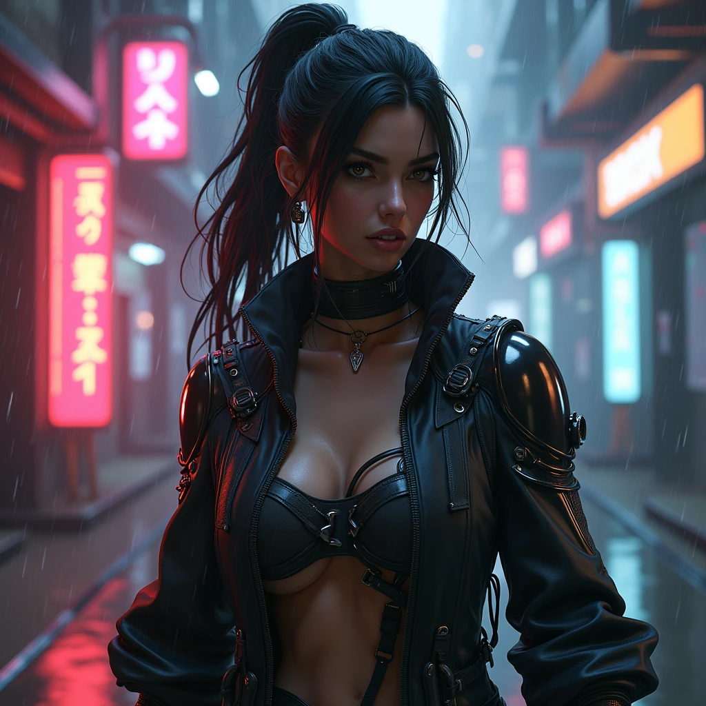 Female protagonist in a cyberpunk world, with neon reflections and light streaks, intense focus, detailed background,
Character pulling up a sleeve, revealing a cybernetic arm,
Reflections of the character in the metallic surfaces around,
Depth of field, with the character in focus and the background slightly blurred,
Slight smirk, conveying confidence and defiance