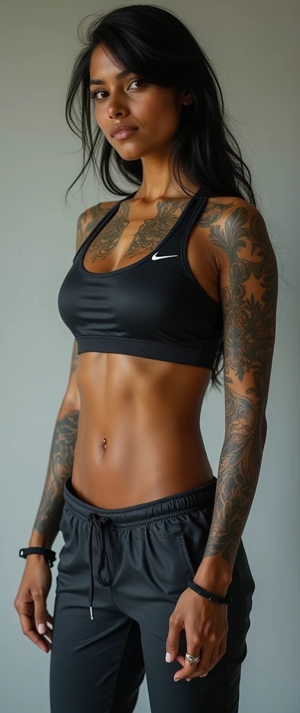 Very y woman ageIndian female, muscular arms and biceps with abs, sweaty body, full of tattoos, full body length photo, looking straight at the camera, full body length shot, massive boobs 38ring Nike tracksuit, 4k HD.