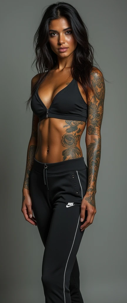 Very sexy woman age 33, Indian female, muscular arms and biceps with abs, sweaty body, full of tattoos, full body length photo, looking straight at the camera, full body length shot, massive boobs 38D wearing Nike tracksuit, 4k HD.