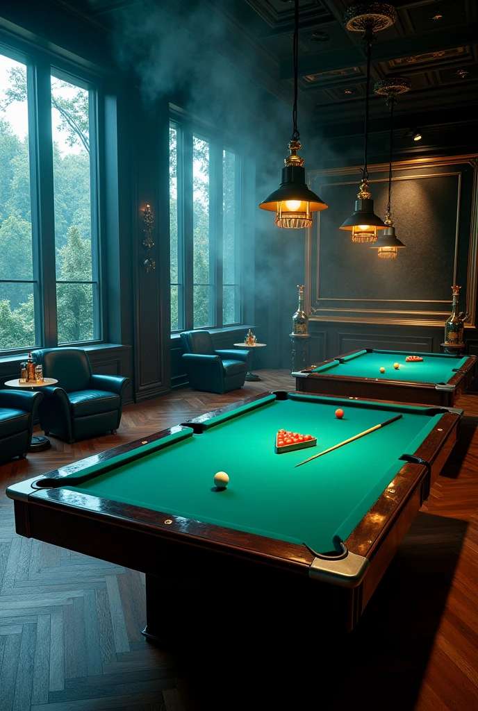 Create a game room. With a giant space. With two pool tables, with the cue and the pool balls. Three black armchairs. With drinks and bottles of drinks. With cigarette smoke in the air. Cool lighting. With stylish decoration. 
