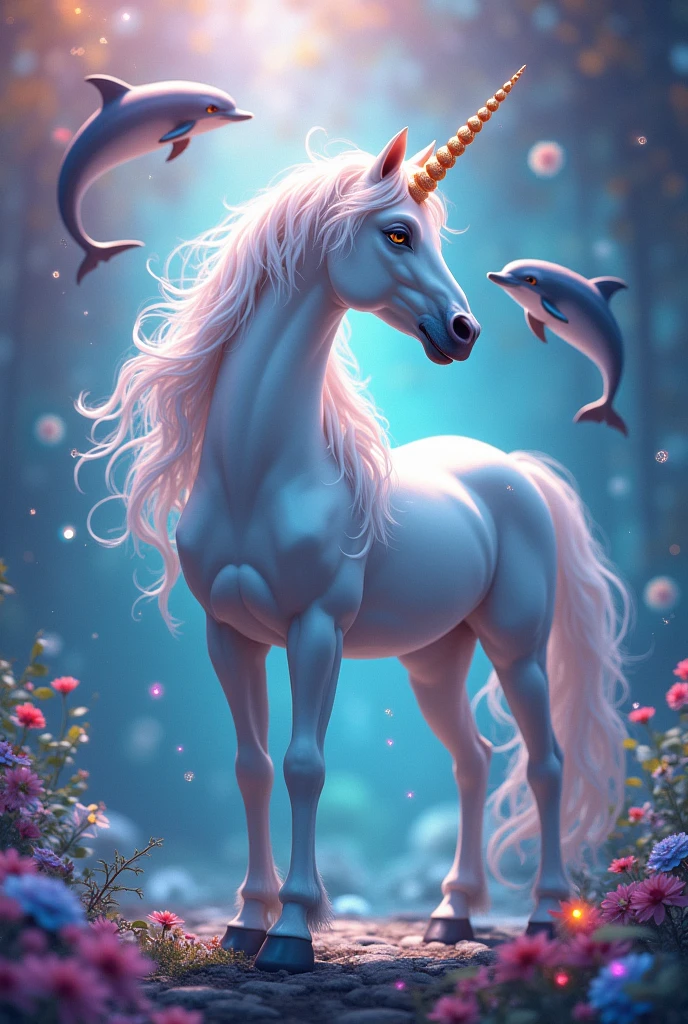 Take me a picture of a unicorn with dolphins and lots of colors