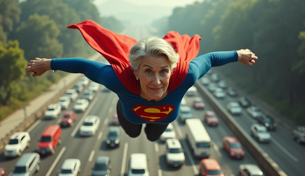 flying at super speed above a traffic jam; faster than a jet; old Meryl Streep(Grey hair) busty((without glasses))) Supergirl (((1988s DC Comics by Bilquis Evely))); (((70 years old; short hair))); floating above the São Pedro da Aldeia-RJ 2024 highway; (heavy traffic; satellite view); superhero pose flying through the skies 