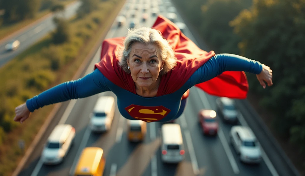 flying at super speed above a traffic jam; faster than a jet; old Meryl Streep(Grey hair) busty((without glasses))) Supergirl (((1988s DC Comics by Bilquis Evely))); (((70 years old; short hair))); floating above the São Pedro da Aldeia-RJ 2024 highway; (heavy traffic; satellite view); superhero pose flying through the skies 