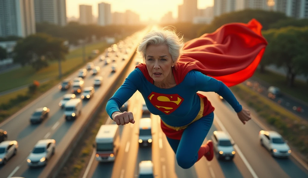 flying at super speed above a traffic jam; faster than a jet; old Meryl Streep(Grey hair) busty((without glasses))) Supergirl (((1988s DC Comics by Bilquis Evely))); (((70 years old; short hair))); floating above the São Pedro da Aldeia-RJ 2024 highway; (heavy traffic; satellite view); superhero pose flying through the skies