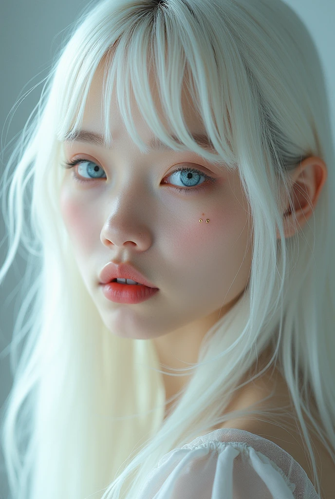 A 15 yr old girl with pale skin, light piercing blue eyes with gold in the center, white long hair with bangs, lashes and brows  ( all white). A beauty mark under her left eye and chin( very visible) and she's half japanese, korean and italian, looking away from the camera. She has sharp features and a serious expression and has straight hair.