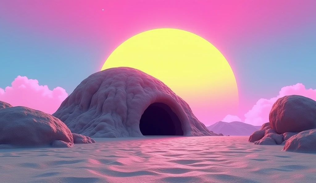Vice City GTA, pink, blue and yellow clear sky with a yellow sun, retro sky, gray retro ground, clear sky, few clouds, there is a very wide and round rocky mountain in the background with a small dark entrance in the middle, fat mountain with a round tip, the mountain is shaped like a semicircle