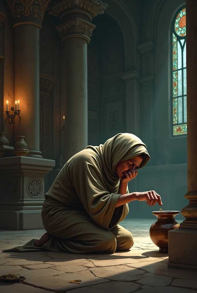 A poor woman, In the temple,, sobbing, kneeling, inserting a coin into the vase.