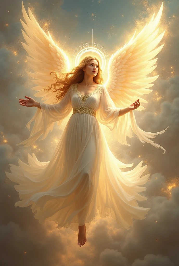 An ethereal Archangel of Hope, glowing with divine light and grace, radiating a sense of peace and protection. This angelic figure is depicted in a painting, their majestic wings spread wide and their eyes filled with compassion. The intricate details of their flowing robes and golden halo shimmer with celestial energy, captivating the viewer with its luminous beauty. This exquisite image symbolizes strength and guidance, offering a daily message of comfort and guidance.