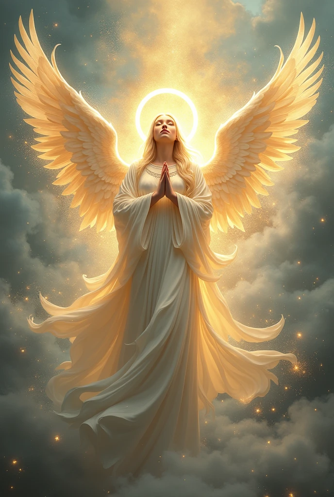 An ethereal Archangel of Hope, glowing with divine light and grace, radiating a sense of peace and protection. This angelic figure is depicted in a painting, their majestic wings spread wide and their eyes filled with compassion. The intricate details of their flowing robes and golden halo shimmer with celestial energy, captivating the viewer with its luminous beauty. This exquisite image symbolizes strength and guidance, offering a daily message of comfort and guidance.
