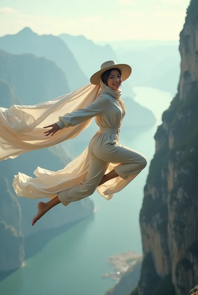 A asian woman with long hijab flowing wearing long cream overall jeans , wearing large hat, jump free fall on the edge of a steep and terrifying cliff, face Smilling looking at the camera