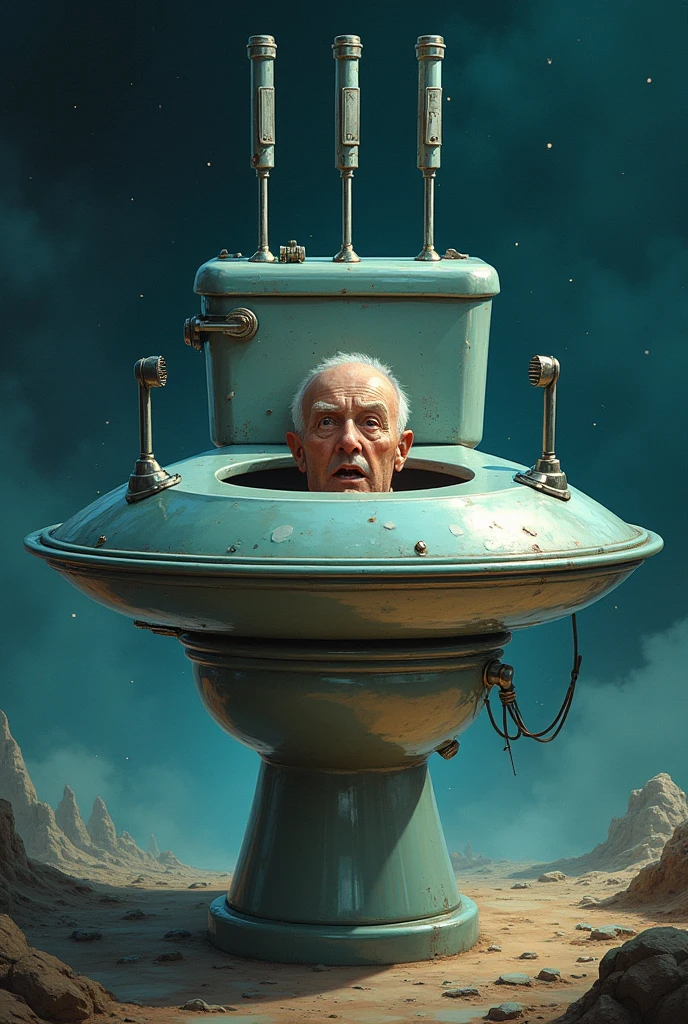 Generates a flying saucer toilet with three metal tongs and a human head sticking out 