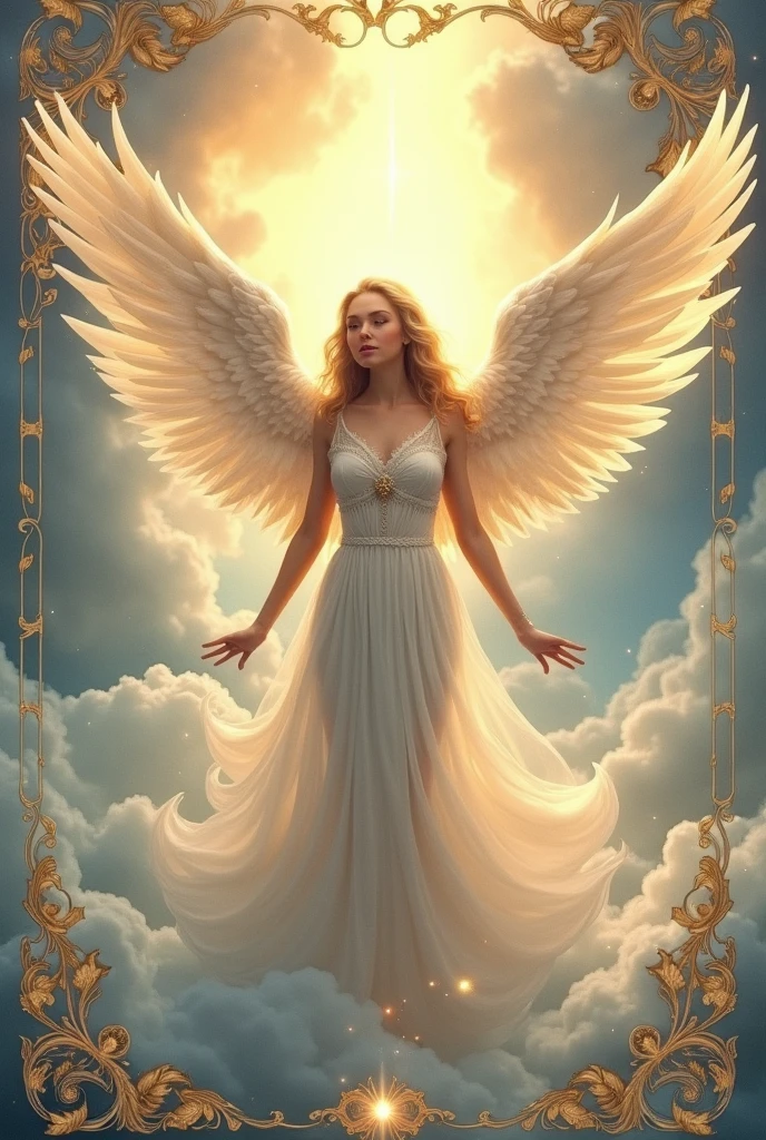 Creat a card, similar to a tarot card but made it angelical themed, leave a blank space to write a message, is to make a deck of cards to read each day an angelical message, Please include the image of an arcangel, include some feathers and a wimsical magic vibes 