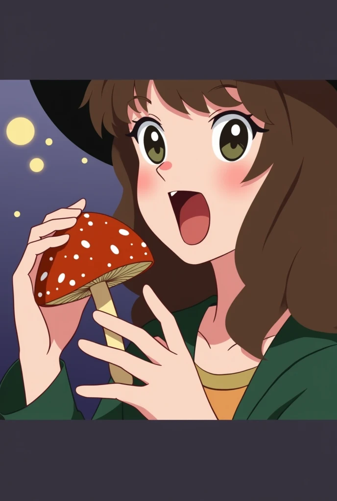 a anime girl, sailor moon art style, open mouth, wearing a witch hat, brown hair, open mouth, hand holding a mushroom, girl open mouth to eat mushroom, lofi girl