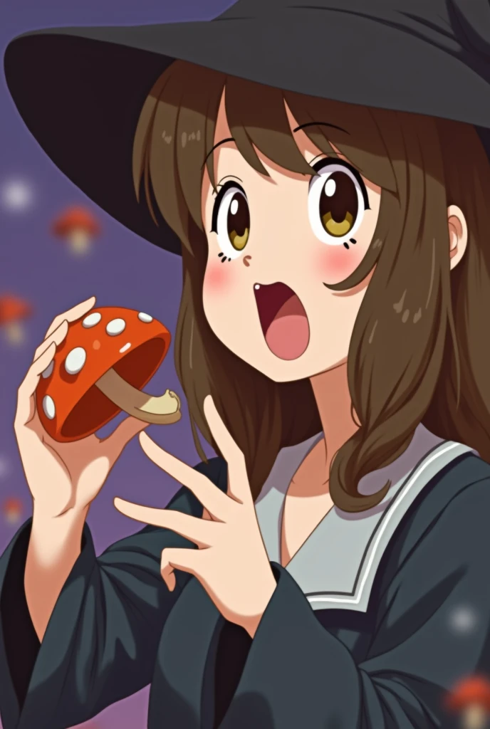 a anime girl, sailor moon art style, open mouth, wearing a witch hat, brown hair, open mouth, hand holding a mushroom, girl open mouth to eat mushroom, lofi girl