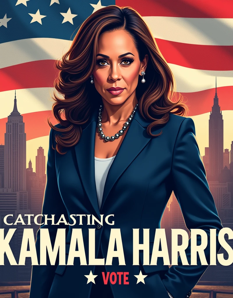 [Core Concept] A powerful and inspirational campaign poster for a Kamala Harris [Character Description] The central figure is a confident, determined Kamala Harris , her gaze direct and unwavering as she projects an air of strength and leadership. [Environment/Background] The background is a blend of patriotic imagery, including a waving American flag, symbols of , and a sleek, modern cityscape that suggests progress and innovation. [Style and Atmosphere] The overall aesthetic is bold, dynamic, and visually striking, with a color palette of rich reds, whites, and blues that convey a sense of American pride and determination. [Composition] I'm Speaking Vote For 2024 President Kamala Harris, The composition is balanced and symmetrical, with the candidate's portrait taking center stage and the campaign slogan prominently displayed in a clean, impactful font. [Details and Embellishments] Subtle design elements, such as subtle patterns or geometric shapes, add depth and visual interest to the poster, while the candidate's confident pose and attire suggest her professionalism and gravitas. [Technical Specifications] The poster is designed for high-resolution printing, with a clean, modern layout that would be eye-catching and memorable when displayed in public spaces.
