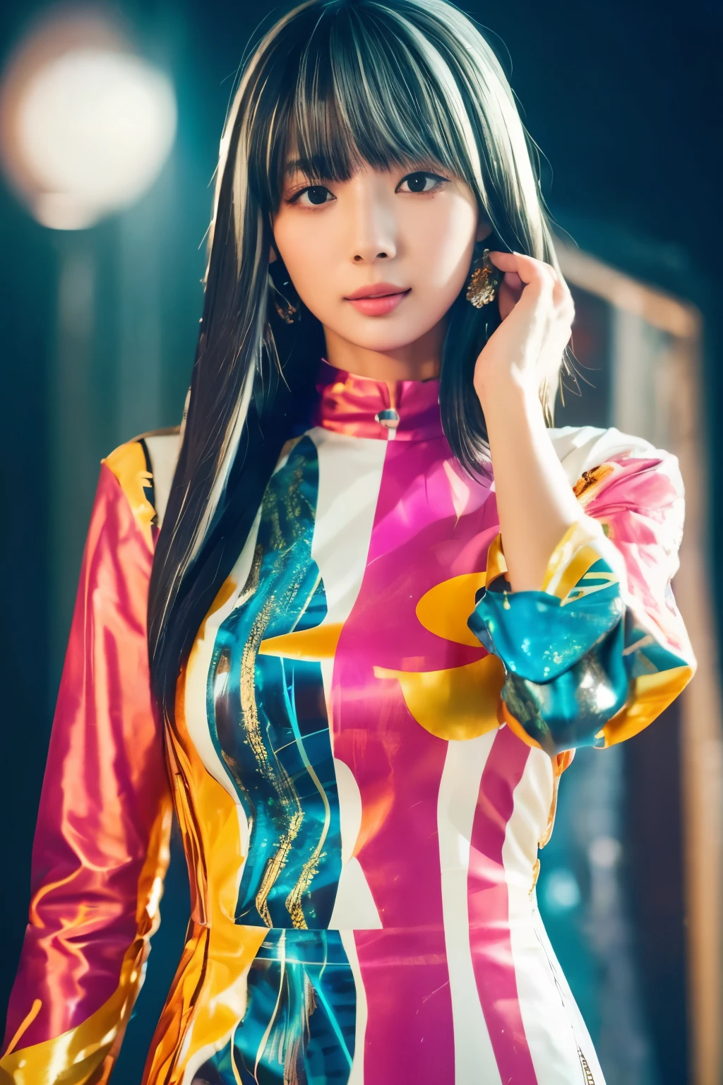 Masterpiece, high quality, high resolution, 8K, (solo:1.2), ((1girl)), Japanese woman, detailed face, detailed eyes, correct body structure, upper body, ((White hair:1.2)), very long hair, messy hair, slender body, seductive silhouette, luminous bones, depth of field, dark photo at nighttime, dimly lit, bangs, Cinematic Lighting, Tyndall effect, abstract background, futuristic outfits, vibrant colors, modern style, wide sleeves, artistic, unique patterns, colorful, stylish, trendy