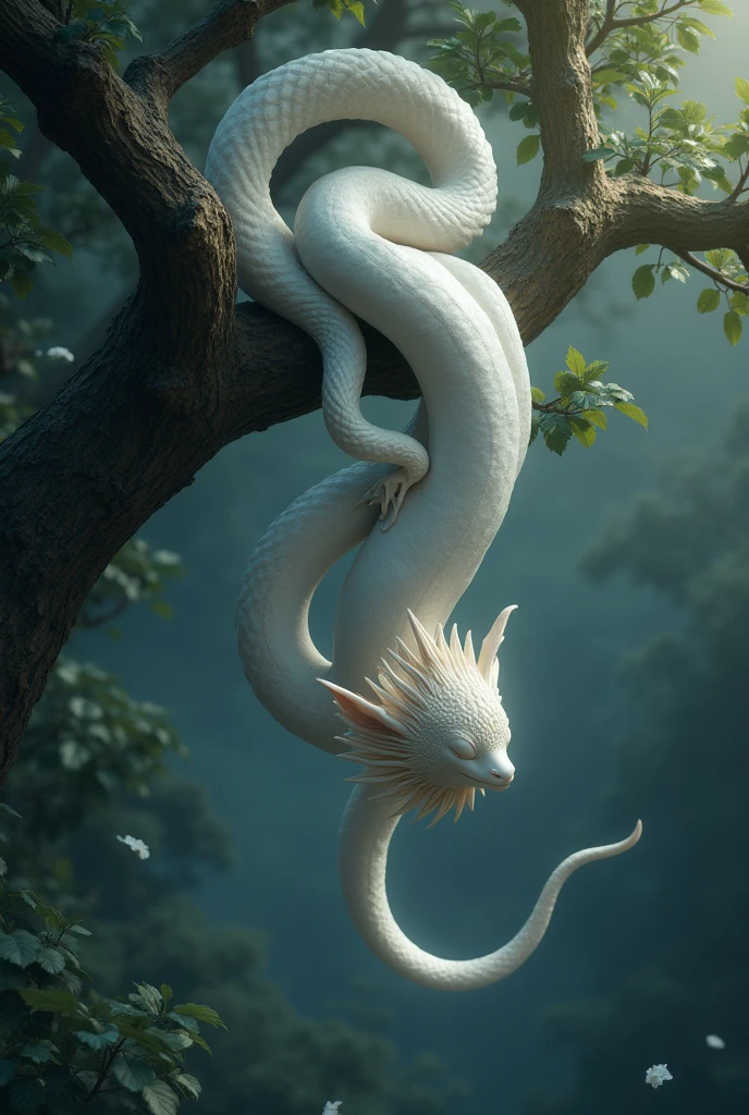 Naga snake, white snake, white skin, upper human body, white snake tail, hanging upside down off a tree in the moonlight, eyes closed, snake tail wrapped around the tree