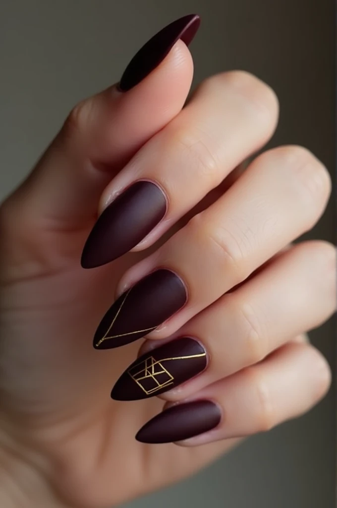 almond shaped nails, medium length. Paint the base in an elegant dark burgundy shade, that highlights your classic style. Add a subtle gold line design on one or two nails, creating a minimalist geometric effect. Finish with a matte finish on the dark nails and a shiny finish on the gold lines for a sophisticated touch.