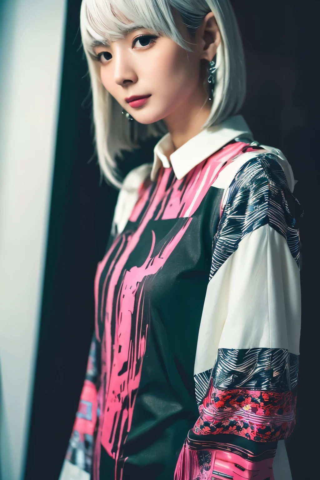 Masterpiece, high quality, high resolution, 8K, (solo:1.2), ((1girl)), Japanese woman, detailed face, detailed eyes, correct body structure, upper body, ((White hair:1.2)), very long hair, messy hair, slender body, seductive silhouette, luminous bones, depth of field, dark photo at nighttime, dimly lit, bangs, Cinematic Lighting, Tyndall effect, abstract background, futuristic outfits, vibrant colors, modern style, wide sleeves, artistic, unique patterns, colorful, stylish, trendy