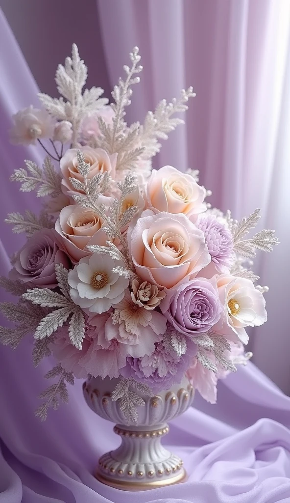 Envision a lavish, Victorian-inspired design that seamlessly blends the refined elegance of Shabby Chic with intricate, antique charm. A delicate lilac cloud, lilac tulle, lilac, purple hue serves as the backdrop for a sumptuous arrangement of light lilac, beige and cream tones, carefully adorned with lacy filigree, luminous pearls, sparkling diamonds, and soft beige, light purple flowing ribbons. This opulent scene is brought to life in exquisite, hyper-realistic detail, as if plucked from the pages of a vintage fashion magazine. Rendered in breathtaking, 8K resolution, this masterpiece boasts an unparalleled level of depth and clarity, inviting the viewer to step into a world of refined luxury and timeless sophistication.