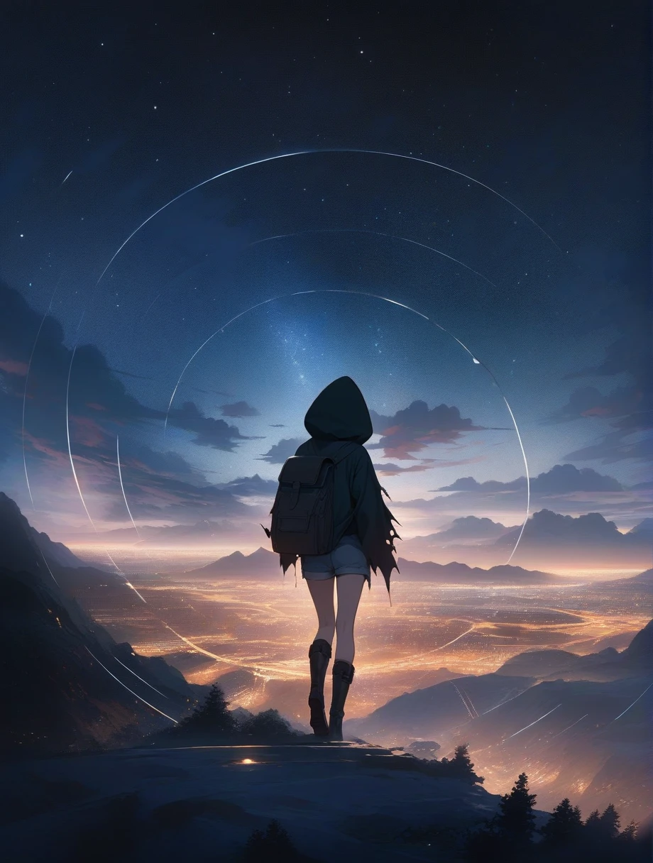 score_9, score_8_up, score_7_up, score_anime, masterpiece, top quality, delicate illustration, sharp lines, sharp focus, BREAK, a traveling girl wandering in the endless night world, the girl wears a hood and has a lot of stuff in her backpack, night , fantastic landscape, beautiful scenery, harmony with nature, spectacular view, space city, (((torn clothes))), (((torn hood))),shorts,boots