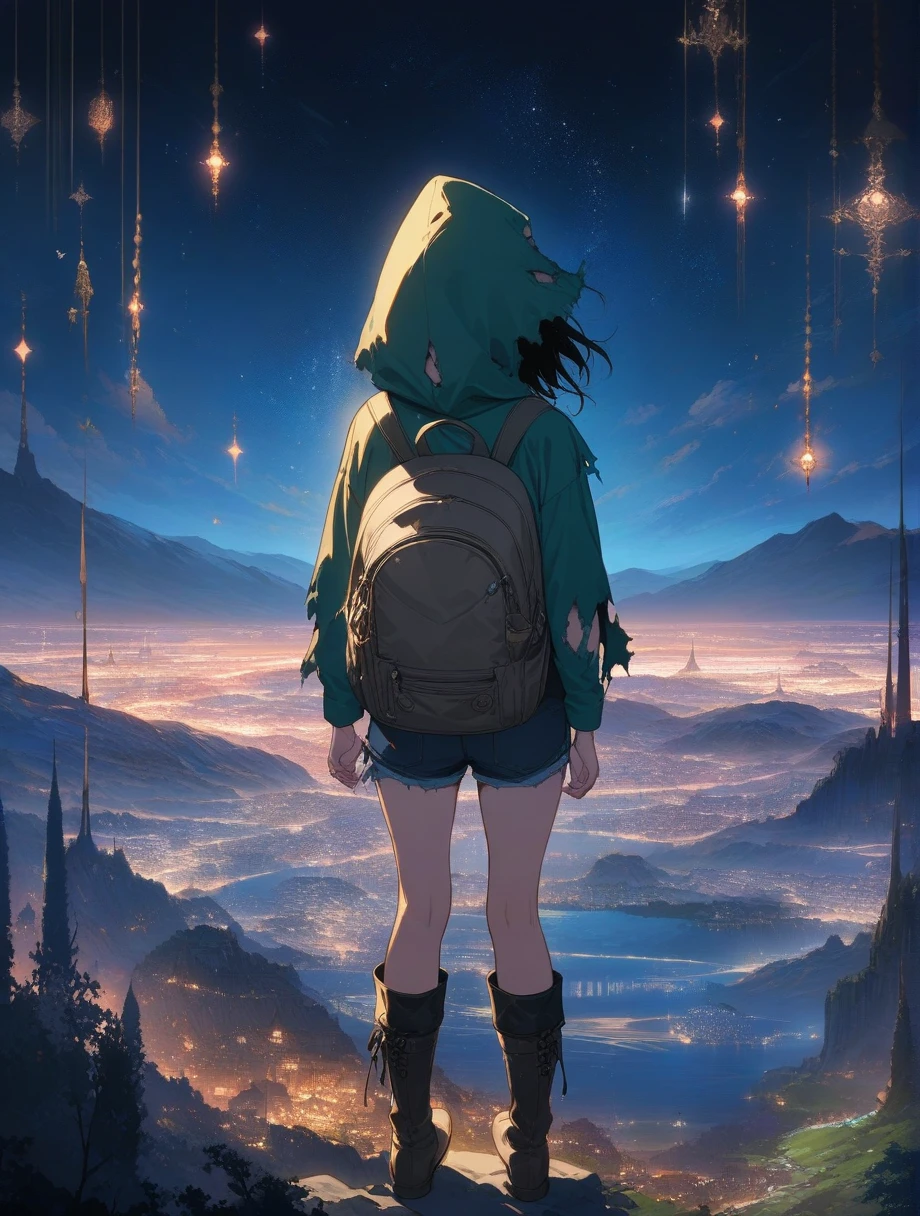 score_9, score_8_up, score_7_up, score_anime, masterpiece, top quality, delicate illustration, sharp lines, sharp focus, BREAK, a traveling girl wandering in the endless night world, the girl wears a hood and has a lot of stuff in her backpack, night , fantastic landscape, beautiful scenery, harmony with nature, spectacular view, space city, (((torn clothes))), (((torn hood))),shorts,boots