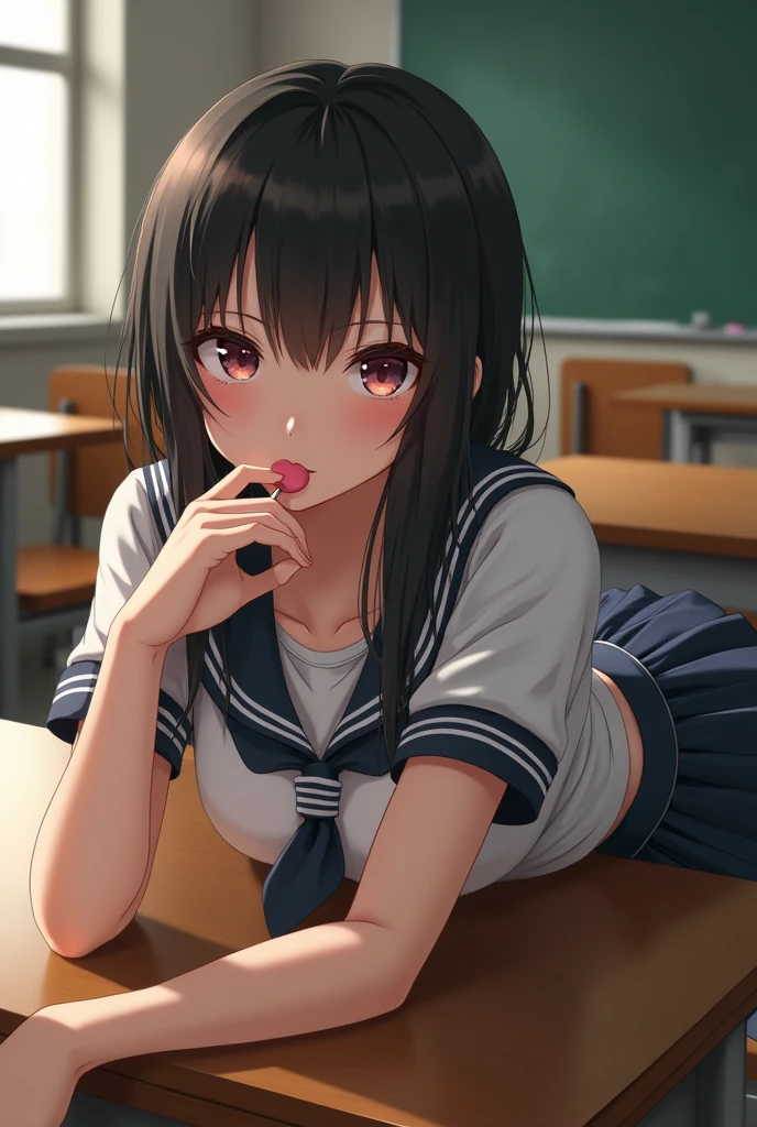 japanese, real person, real girl, school uniform, Whole body, PROVOCATIVE POSE, classroom, lying on the table, sucking a lollipop, side view.