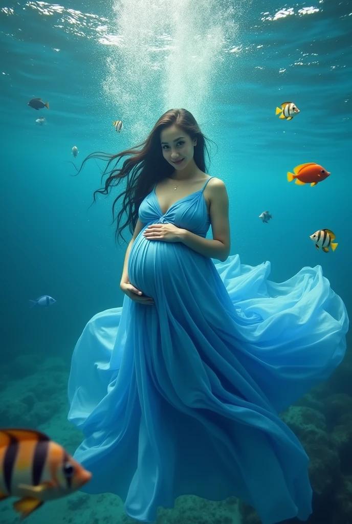 pragnent lady with blue gown flowing in water am diving at the bottom of the sea and looking at the camera, surrounded by beautiful fish."
More human look and long hair
Full picture