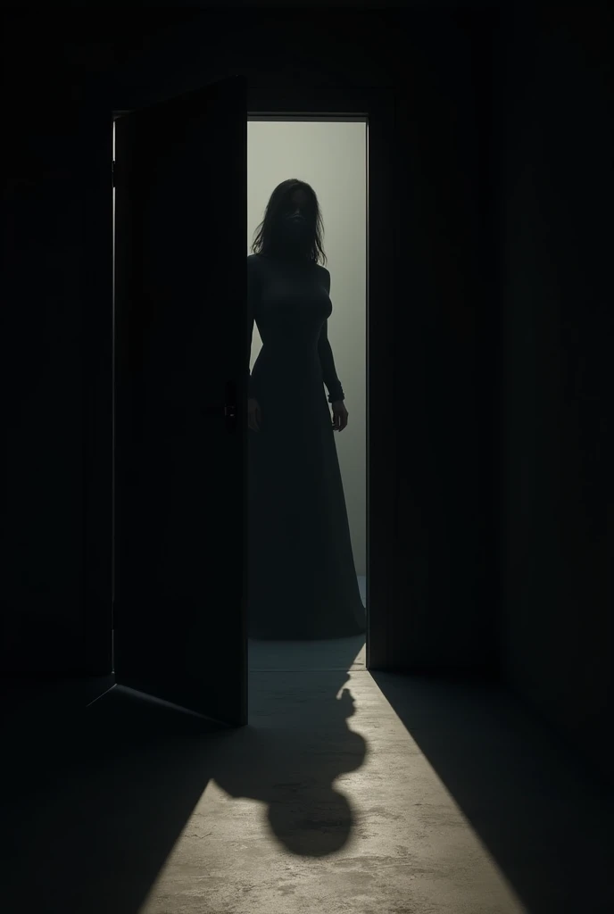 The cover shows a door slightly ajar, from which the shadow of a female figure wearing a mask is projected. The rest of the scene is dark, and only the door and the shadow are visible