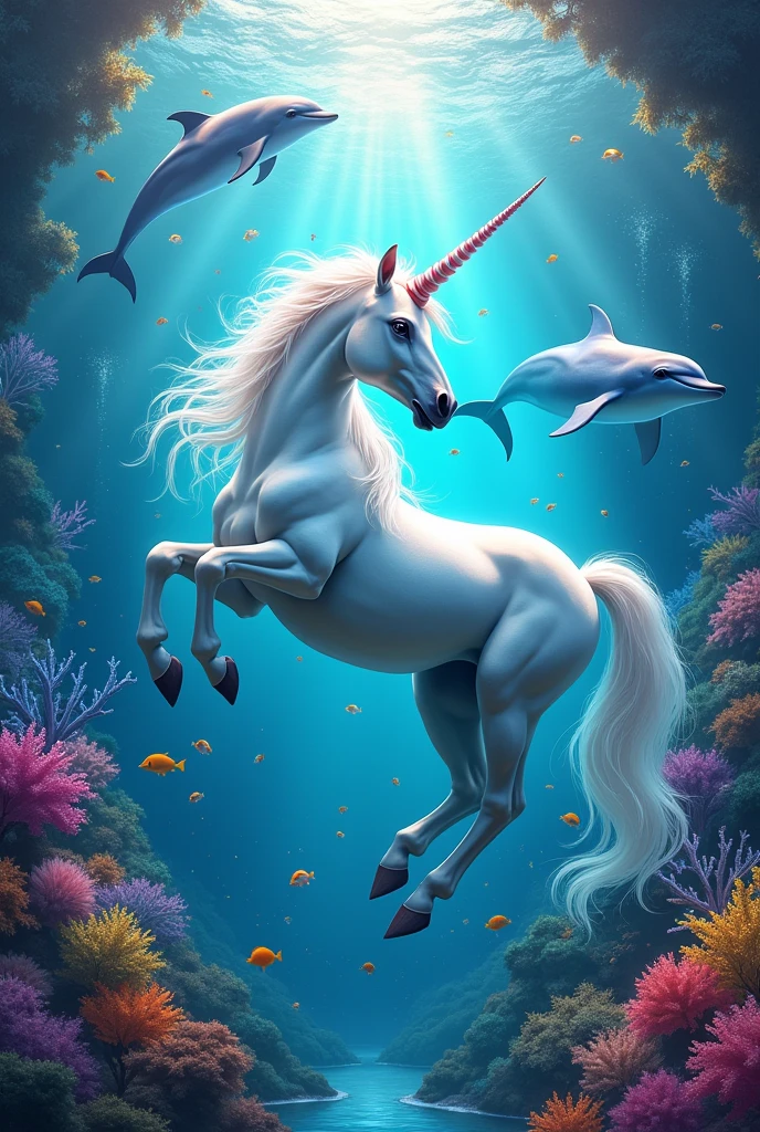 Take a picture of me of a unicorn with dolphins and lots of colors and they are in the sea