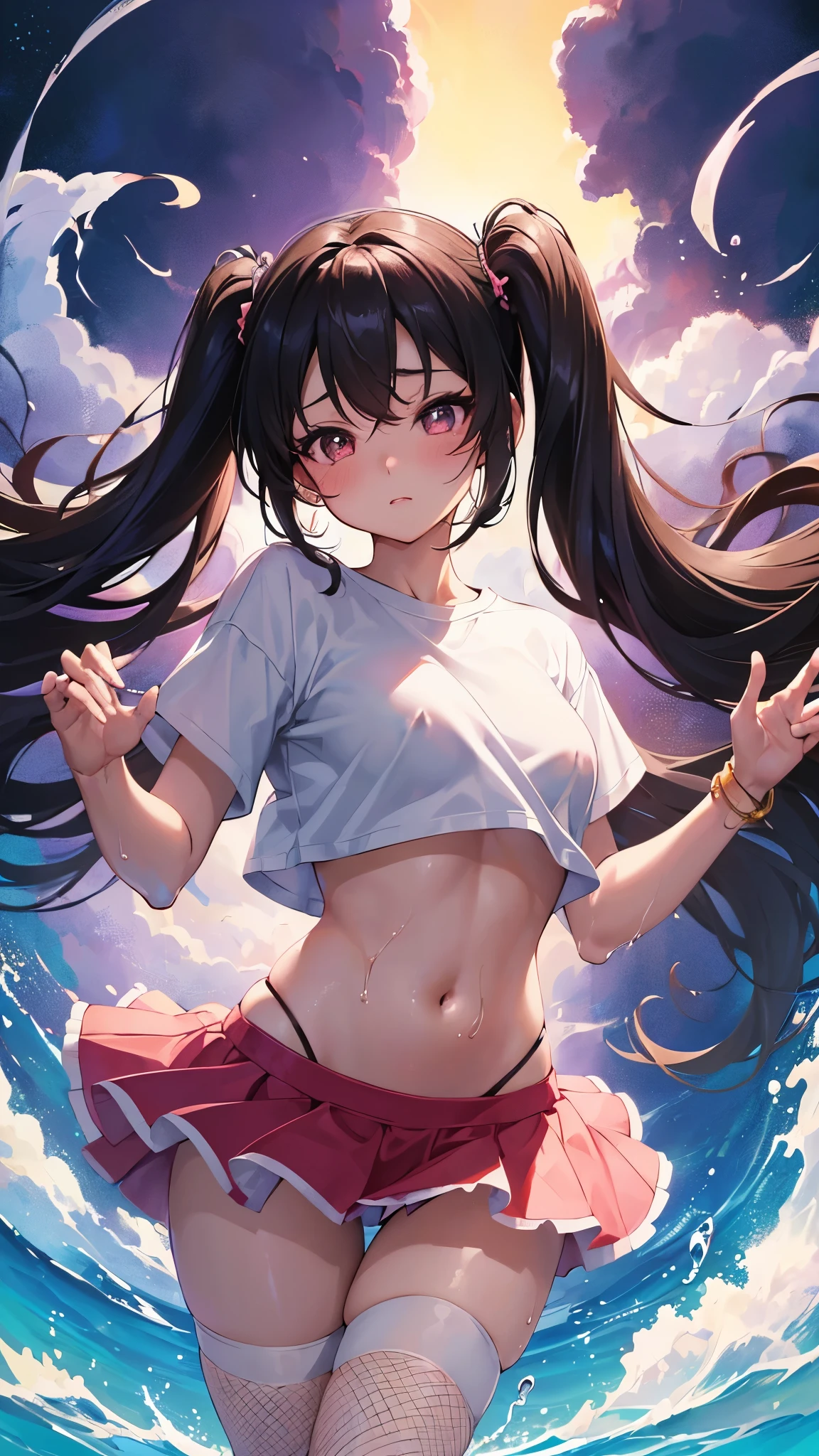 (((anime-style cute face)))、Black hair twin tails、Beautiful brown skin:1.7、blush、Very big eyes、anatomically correct body、Thighs、The face is bright、Professional Lighting、Very small breasts、(最high quality1.5, Anime artwork, Anime Style, Studio Anime, Very detailed, Anime Coloring, High Contrast, masterpiece, 最high quality, Best aesthetics), ((Short white T-shirt)), ((Soaking wet))、 Normal hip joint, (Naughty Fishnet Stockings), Perfect Fingers, Five Fingers, Anatomically correct, Background Blur, high quality, Surreal, Bright colors,Female genitalia pink、Underboob、Belly button、The black mini skirt has lively frills、Nipples are very erect、Beach