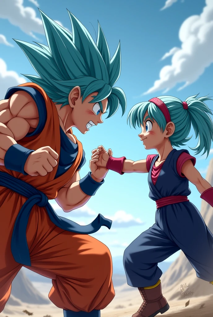 They are goku, goku. against his daughter Bura, right, Dragon Ball GT Bura, girl with light blue hair, blue eyes, dark blue suit, typical armor used by Saiyans, loose hair, bangs, father and daughter, red headband, hair clips