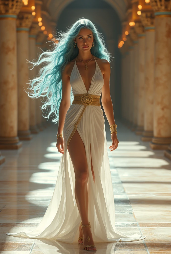A goddess of unparalleled beauty, with long, light blue wavy hair that gracefully cascades over her shoulders, her blue eyes shimmering like the surface of a lake at dawn. She moves with effortless grace through the grand halls of an Egyptian palace, her divine presence filling the space with an aura of mystery and allure. Her skin is flawless and radiant, highlighting her youthful and eternally perfect appearance.She is dressed in a thin, tight linen dress, the khalasiris, the white fabric clinging to her slender and sculpted body, accentuating every curve. The dress is boldly cut, with side slits revealing her long, toned legs, while a deep V-neckline showcases her collarbone and part of her chest, exuding sensuality.A thin golden belt cinches her waist, enhancing her silhouette, and she wears a broad necklace, richly adorned with blue, gold, and turquoise stones, reflecting her connection to water and her divinity. Her arms are adorned with golden bracelets and bangles resembling waves, while her feet are elegantly clad in golden-strapped sandals that lace up to her ankles.The palace's columns, adorned with hieroglyphics and gold, frame her as she glides across the marble floors. The soft glow of torches reflects off her radiant skin, casting her in a warm, seductive light. Her walk is graceful, and every movement causes the dress to flow like water around her, leaving a trail of desire and admiration. Her presence is overwhelming, and her seductive gaze can make anyone in the palace succumb to her will. She is the epitome of power and beauty, a goddess who not only rules the waters but also the hearts of those fortunate enough to be in her presence."