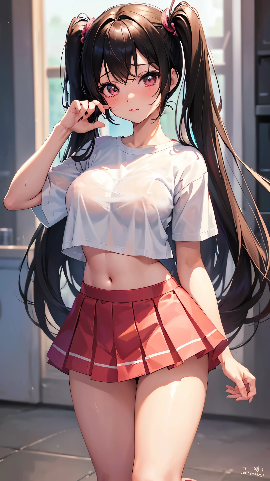 (((anime-style cute face)))、Black hair twin tails、Beautiful brown skin:1.7、blush、Very big eyes、anatomically correct body、Thighs、The face is bright、Professional Lighting、Very small breasts、(最high quality1.5, Anime artwork, Anime Style, Studio Anime, Very detailed, Anime Coloring, High Contrast, masterpiece, 最high quality, Best aesthetics), ((Short white T-shirt)), ((Soaking wet))、 Normal hip joint, (Naughty Fishnet Stockings), Perfect Fingers, Five Fingers, Anatomically correct, Background Blur, high quality, Surreal, Bright colors,Female genitalia pink、Underboob、Belly button、The black mini skirt has lively frills、Nipples are very erect、Beach