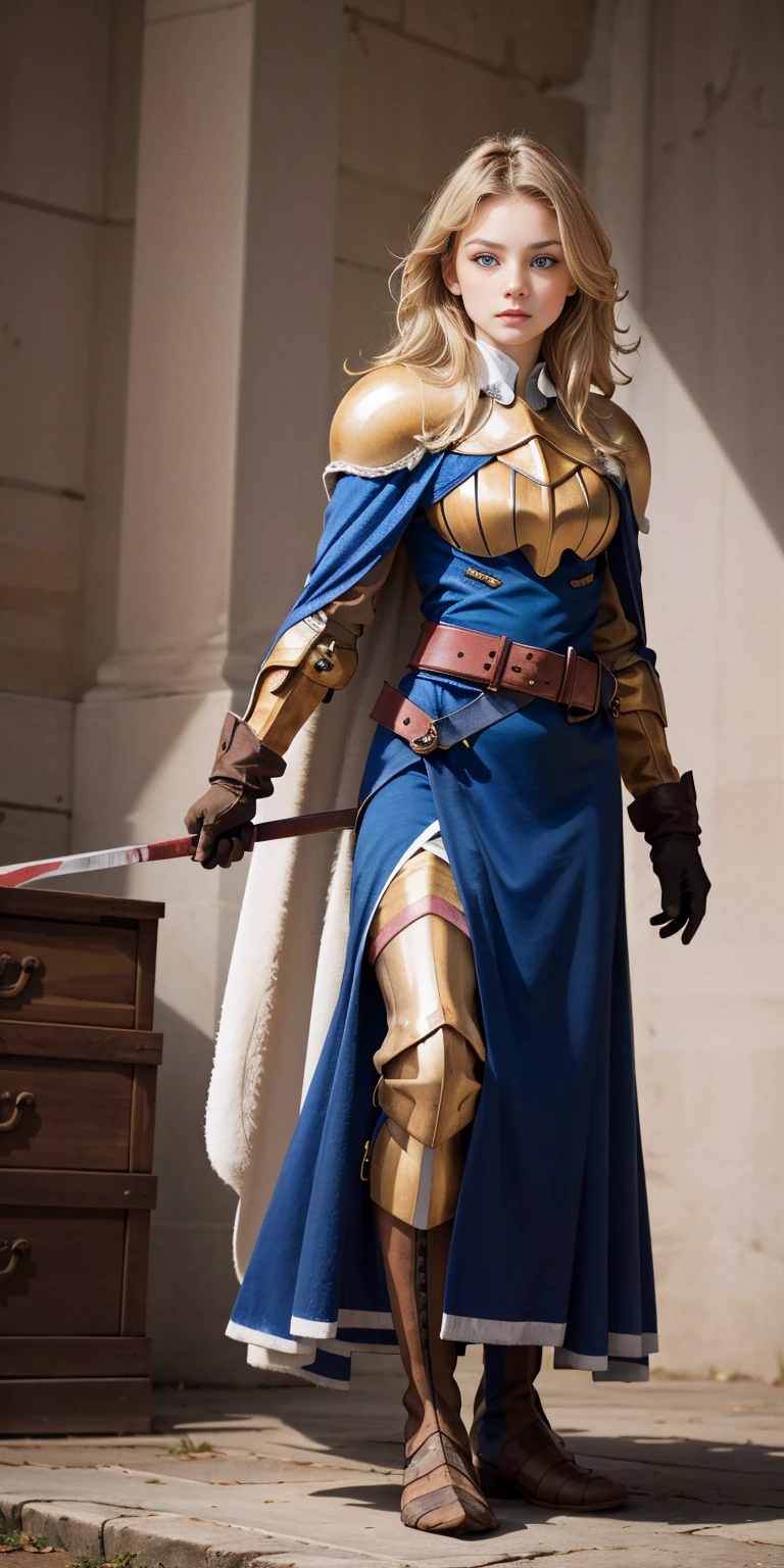 (masterpiece, best quality), 1girl, KnightFFT, long hair, blonde hair, blue eyes, cape, armor, blue dress, belt, gloves, boots