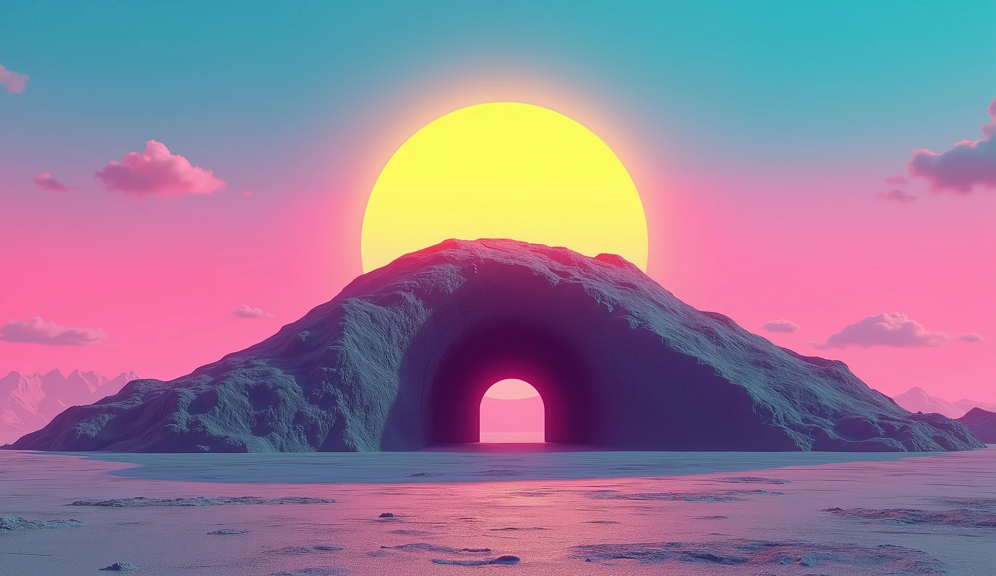 Vice City GTA, pink, blue and yellow clear sky with a yellow sun, retro sky, gray retro ground, clear sky, few clouds, there is a very wide and round rocky mountain in the background with a small dark entrance in the middle, fat mountain with a round tip, the mountain is shaped like a semicircle