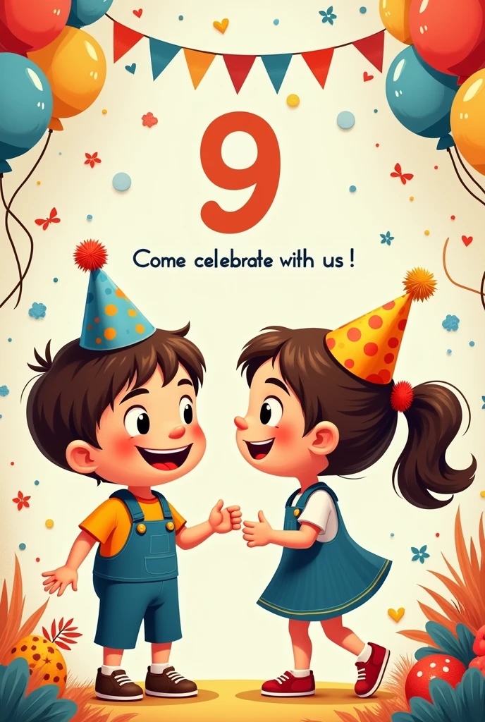 I need you to generate the image of a birthday invitation , It&#39;s the twins&#39; 9th birthday. I want an attractive invitation, funny, mentioning that it is the twins&#39; 9th birthday, I want it to be included in the invitation: come celebrate with us! giorno: 21/09/2024 and opening hours from 3 pm to 7 pm