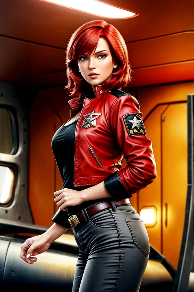 Classic Bob, Ruby Red hair, beautiful woman, starship captain, short jacket, cowboy shot, flirty, military bearing, standing, pirate, on a starship bridge, tigth pants