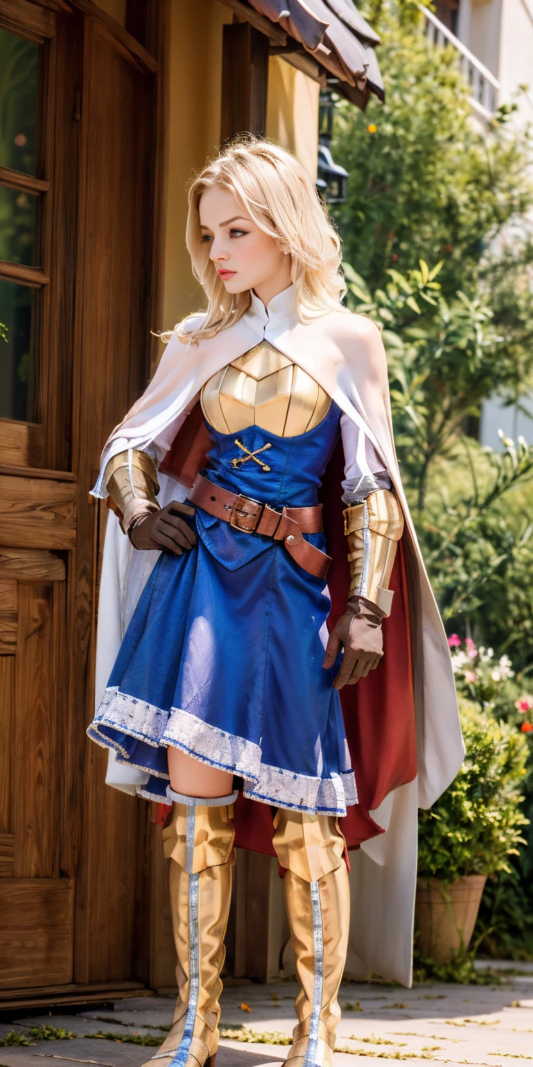 (masterpiece, best quality), 1girl,  KnightFFT, long hair, blonde hair, blue eyes, cape, armor, blue dress, belt, gloves, boots