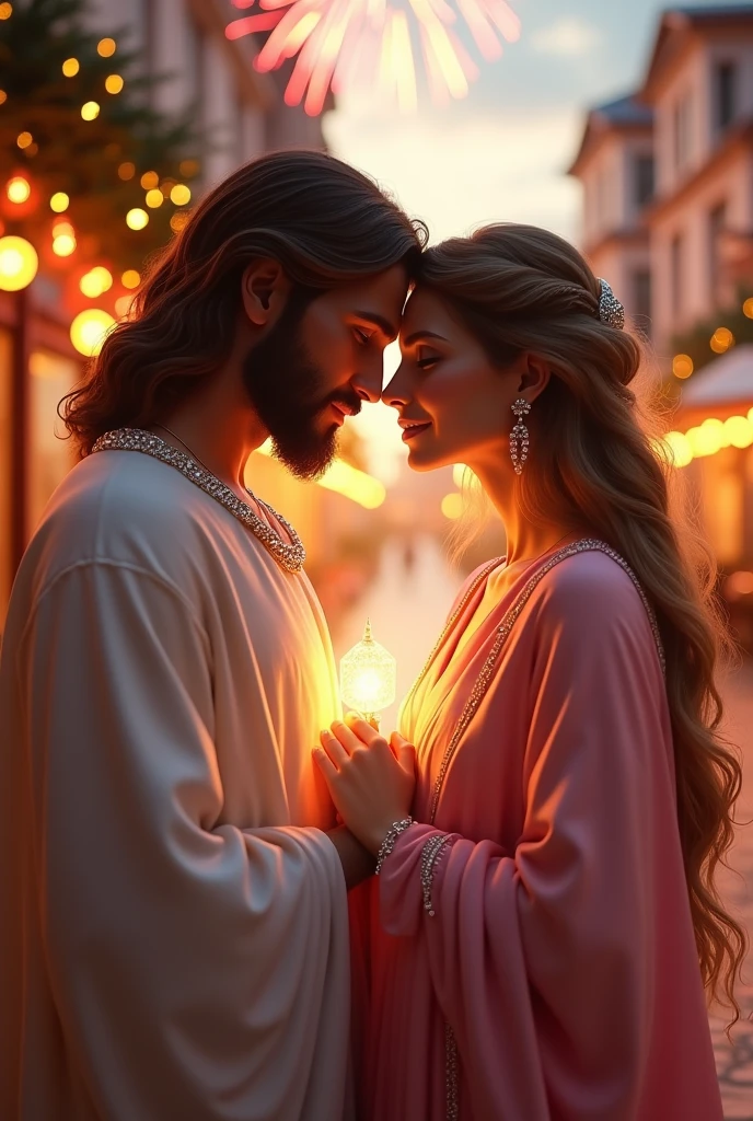 (photorealism:1.2), a handsome Jesus Christ and a beautiful virgin Mary, celebrating Christmas, wearing the elegant color pink clothes sorrounded of many diamonds, the light in their heads and hearts sparkling all over, beautiful clothes, very nice hair, outdoors, soft light in the evening, fireworks and Christmas decorations in the background, evening with Christmas light, cozy Christmas, relaxed pose, realistic, intricate details, warm colors,