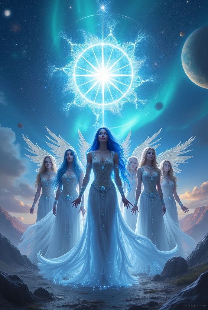 best quality,masterpiece,16,000,3 women, 3 men, Aurora,blue eyes,blue hair,star자리,star자리 print,diffraction spikes,dress,Robe,earring,earth \(planet\),flame,Galaxy,glitter,have,bijouterie,light particles,beam,Light trail,long hair,Energy Circle,Magic진,Concentric circles,long sleeves,Magic,Magic circle,Galaxy수,night,night sky,planet,shooting star,sky,space,flame,flame background,star \(sky\),star \(symbol\),starry background,starry sky,starry sky print,very long hair,wing,Short hair