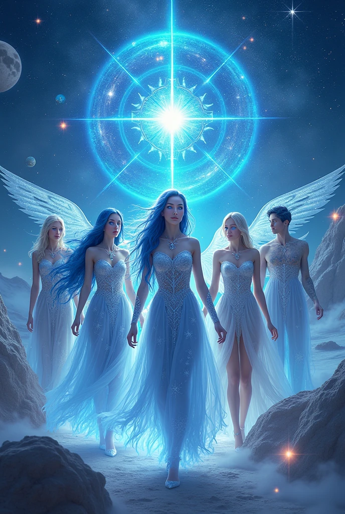 best quality,masterpiece,16,000,3 women, 3 men, Aurora,blue eyes,blue hair,star자리,star자리 print,diffraction spikes,dress,Robe,earring,earth \(planet\),flame,Galaxy,glitter,have,bijouterie,light particles,beam,Light trail,long hair,Energy Circle,Magic진,Concentric circles,long sleeves,Magic,Magic circle,Galaxy수,night,night sky,planet,shooting star,sky,space,flame,flame background,star \(sky\),star \(symbol\),starry background,starry sky,starry sky print,very long hair,wing,Short hair