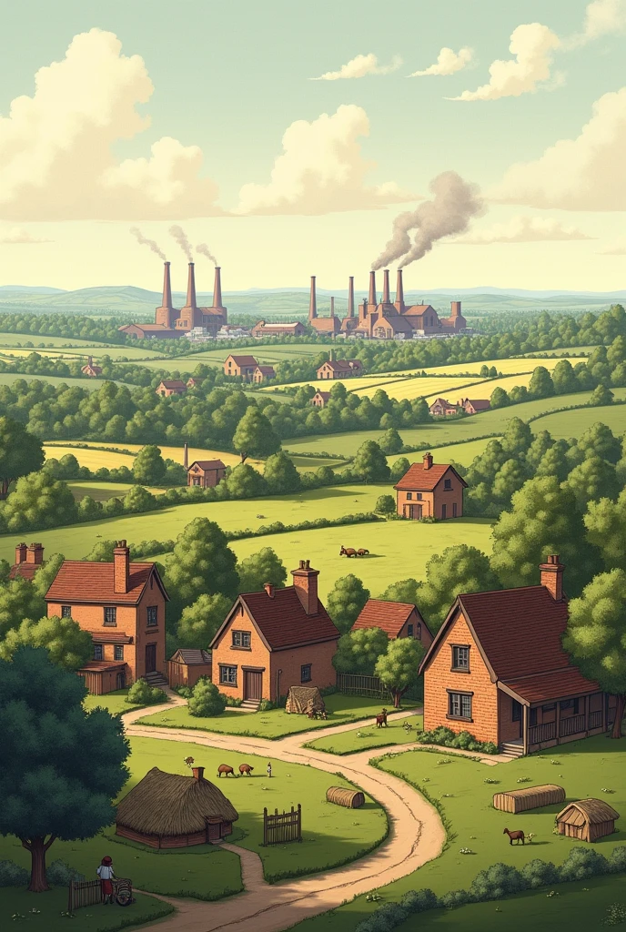 A picture of Manchester in the late 18th century. The cartoon shows a rural landscape with small country houses and agricultural land.. on the horizon, The first factories begin to appear, with chimneys belching smoke.