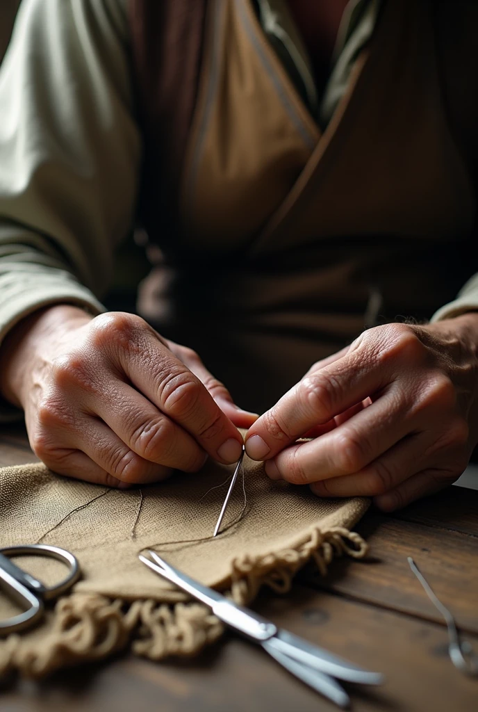 You could generate an image of almost elderly hands putting thread into a needle and some scissors to the side., environmental in the colonial era