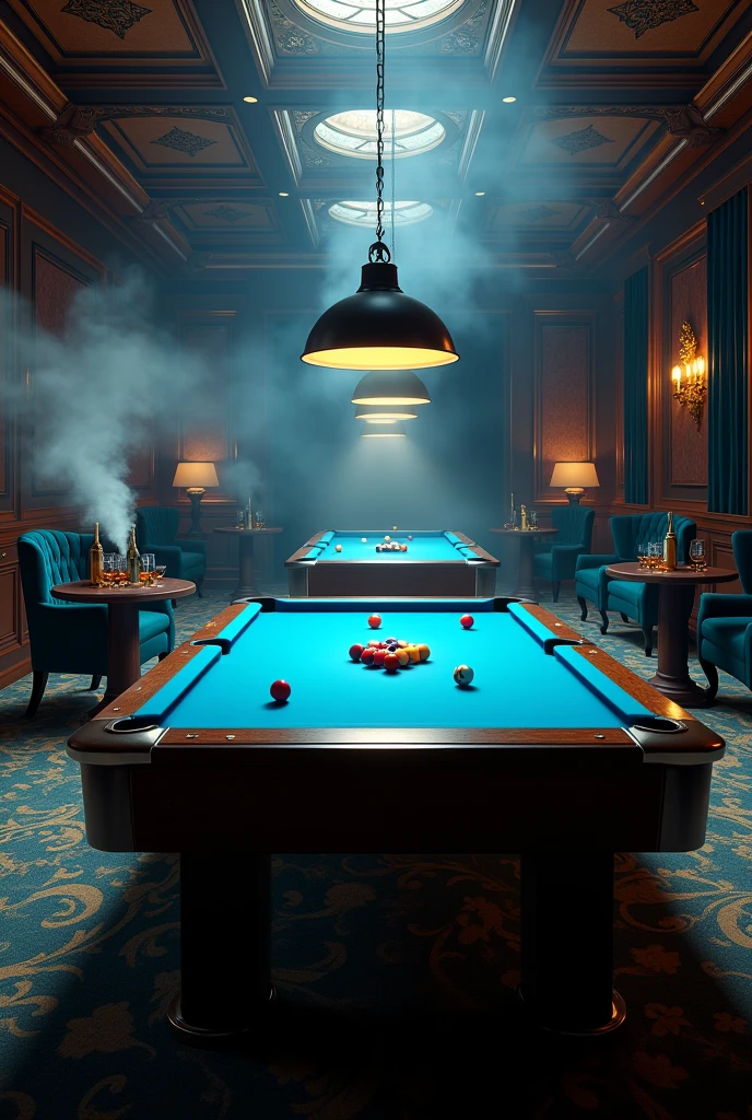 Create a game room. With a giant space. With two pool tables, with the cue and the pool balls. Three black armchairs. With drinks and bottles of drinks on top of round tables. With cigarette smoke in the air. Cool lighting. With stylish decoration.